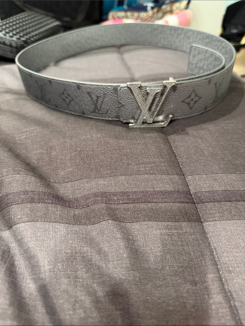 Never been worn Louis Vuitton woman’s Gray Monogram Belt with Silver LV Buckle